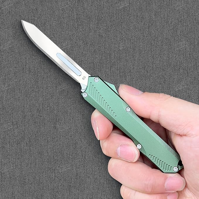 Self Retracting Utility Knife, Out The Front Knife Automatic, EDC Folding Scalpel Pocket Knife, 5PCS #60 Double Action Auto Retractable Cutting Blade, Retractable Razor Blades Boxcutter