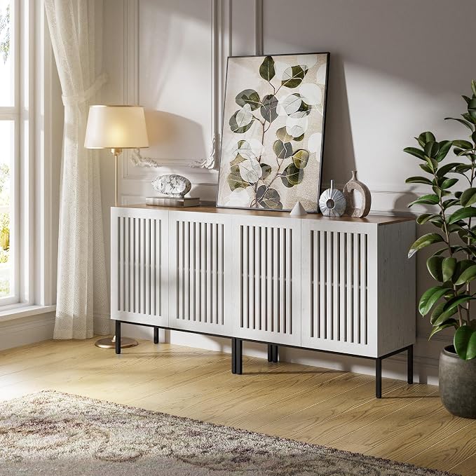 BVIUNTWO Set of 2 White Farmhouse Buffet Cabinet with Storage,Metal Base Console Table with Adjustable Shelves & 4 Doors, Antique White Sideboard for Kitchen, Dining Room, Living Room