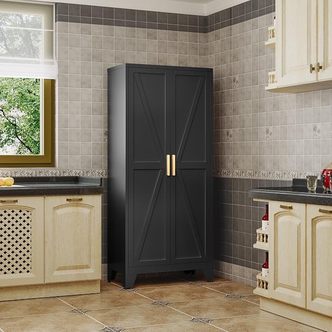 QINPTWUT 61" Metal Storage Cabinet, 4-Tier Kitchen Pantry with 3 Adjustable Shelves, Farmhouse Design Freestanding Cupboard for Kitchen, Bathroom, Laundry, Garage, Black