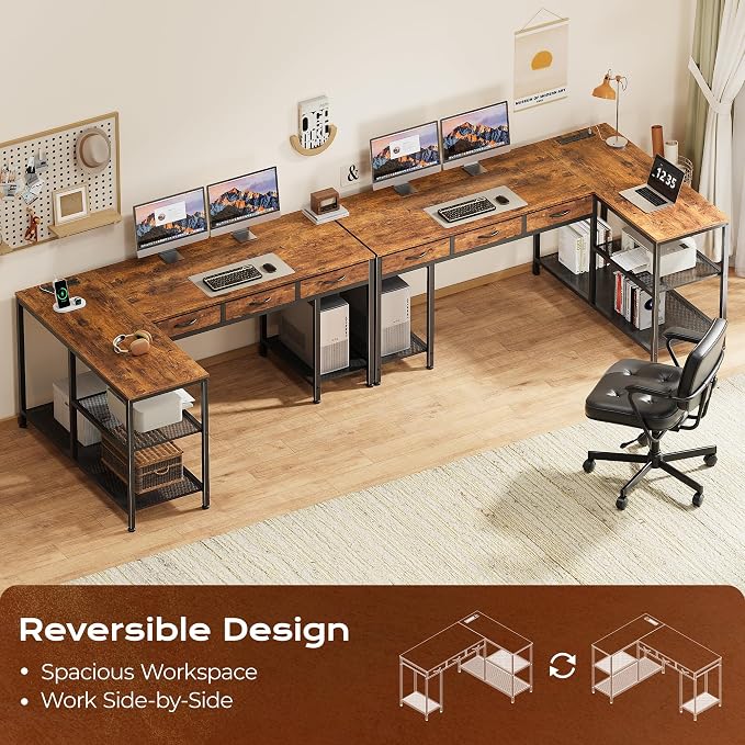55 Inch L Shaped Office Desk with Power Outlets and Type-C Port, Large Computer Gaming Desk with 3 Fabric Drawers, Mesh Shelves, Corner Study Work Writing Desk, Rustic Brown