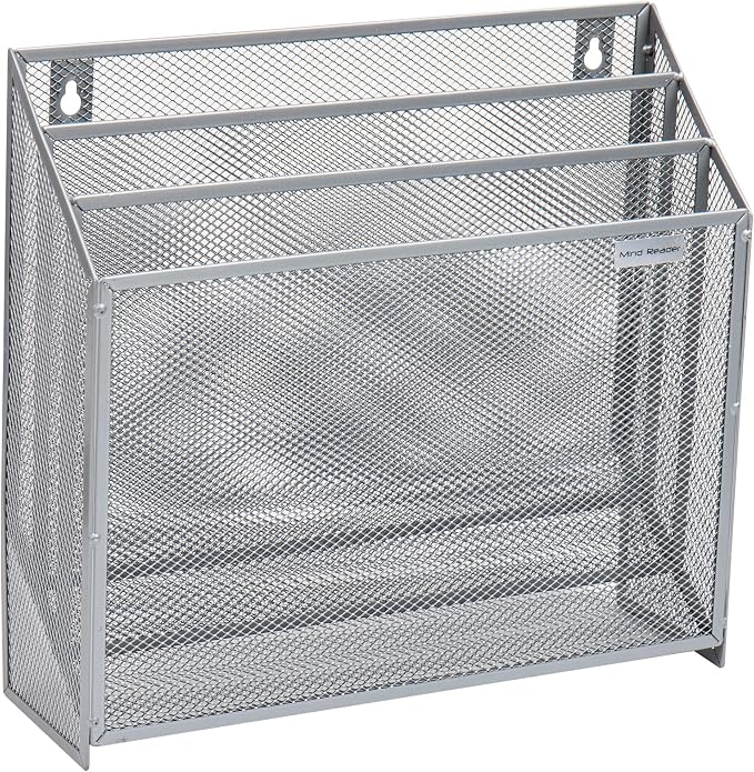 Mind Reader Vertical File Storage, Desktop Organizer, Wall Mount, Office, Metal Mesh, 12.5"L x 3.75"W x 11.5"H, Silver