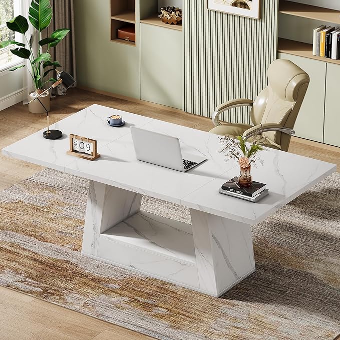 Tribesigns Modern Computer Desk, 63-Inch Large Office Desk Workstation, Simple Style Executive Desk Study Table with Sturdy Base, Wooden Faux Marble Writing Desk for Home Office, White