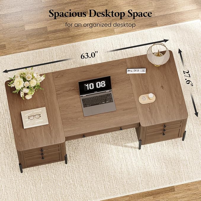 63" W x 27.6" D Executive Desk with 2 Cabinets & 6 Drawers, Farmhouse Home Office Desks with Keyboard Tray, Large Boss Desk with Privacy Panel, Modern Table with Open Shelf and File Drawer
