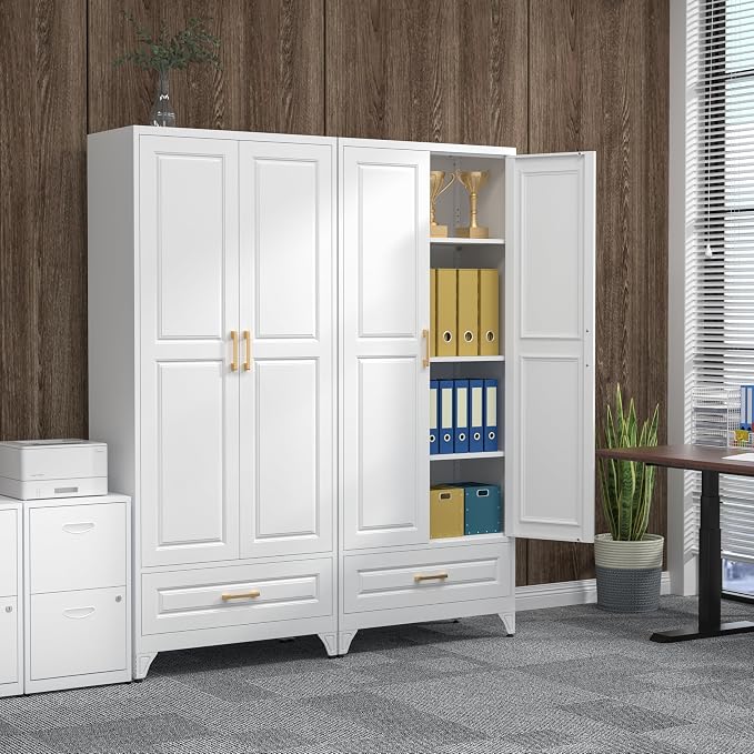 75" Kitchen Pantry Cabinet, Metal Storage Cabinets with 2 Doors | Kitchen Cabinet with Drawer & 3 Adjustable Shelves, Tall Food Pantry Cabinet, Cupboard for Kitchen, Dining Room, Living Room