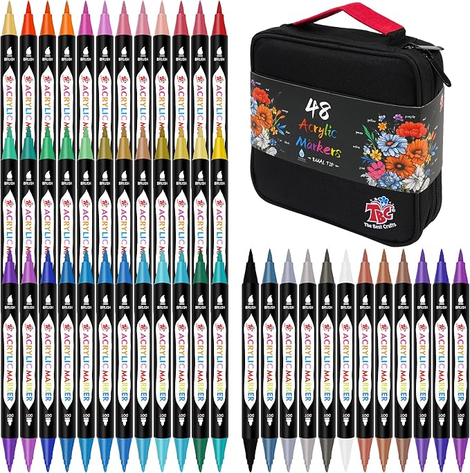 TBC The Best Crafts Acrylic Paint Markers,48 Colors Dual Tip, Double Zipper Canvas Bag – Waterproof, Non-Toxic, Art Supplies for Canvas, Wood, Glass, Rock, Ceramic – Gift for Artists & Hobbyists