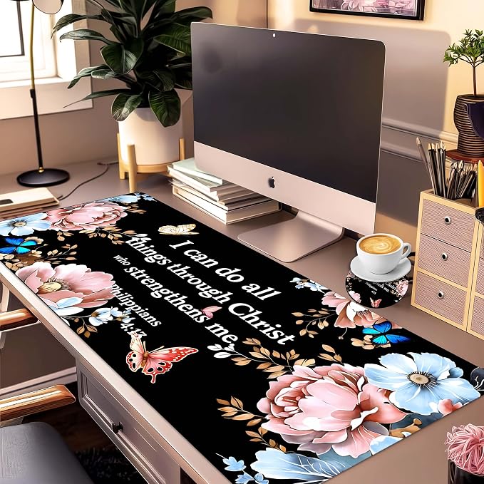 Extended Large Mouse Pad Set 31.5 x 15.7 – Christian Floral All-in-One Desk Set with Keyboard Wrist Rest, Mouse Wrist Rest & Coaster, Ergonomic Desk Accessories for Women, Faith-Inspired Office Gift