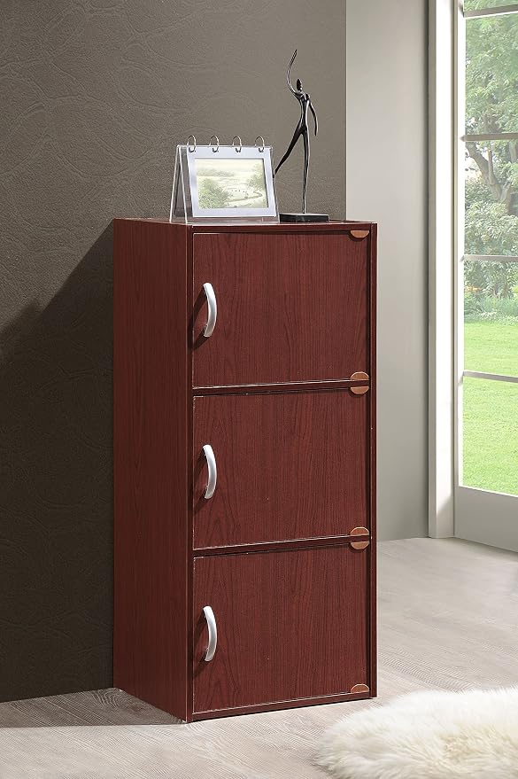 Hodedah 3-Shelf, 3-Door Bookcase in Mahogany