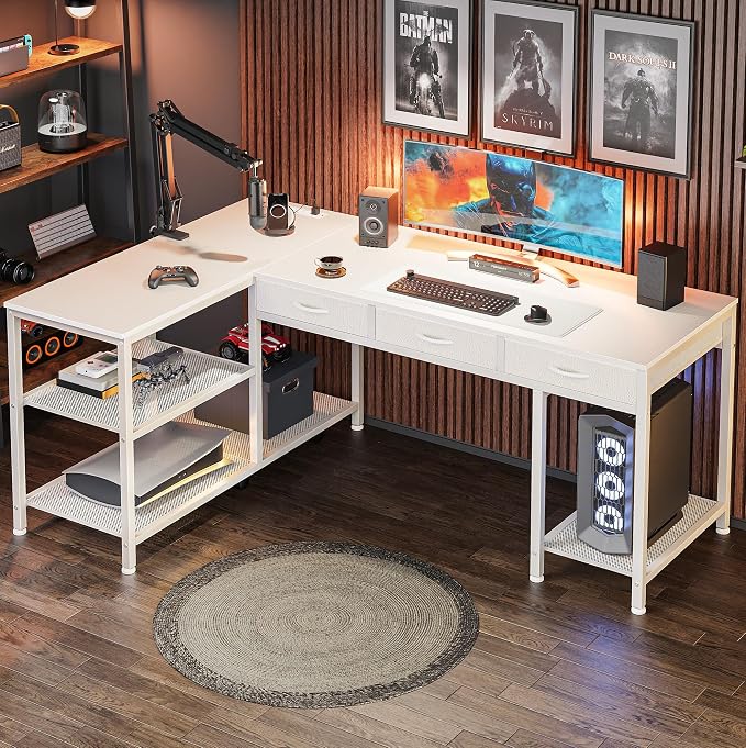 55 Inch L Shaped Office Desk with Power Outlets and Type-C Port, Large Computer Gaming Desk with 3 Fabric Drawers, Mesh Shelves, Corner Study Work Writing Desk, White