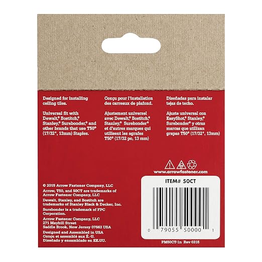 Arrow 50CT T50 Heavy Duty Staples for Staple Guns, Use for Ceiling Tile, Upholstery, Construction, Furniture, Crafts, 17/32-Inch, 1250-Pack