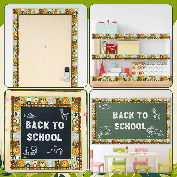 BeYumi Jungle Animals Border Trim - 65ft Back to School Jungle Animals Straight Rolled Border Trim Cute Safari Themed Zoo Animal Bulletin Board School Classroom Office Chalkboard Party Holiday Decor