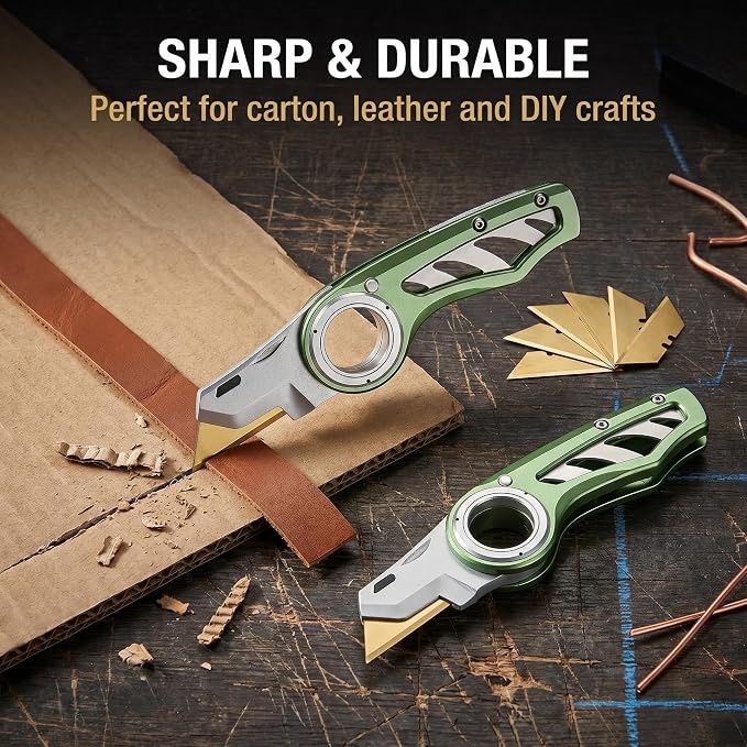 2 Pack Heavy Duty Box Cutter Pocket Folding Utility Knife with Safety Finger Loop & 10 Long-Lasting Gold Titanium Blades for Breaking Down Cardboard, for Home, Office, Warehouse (Green)
