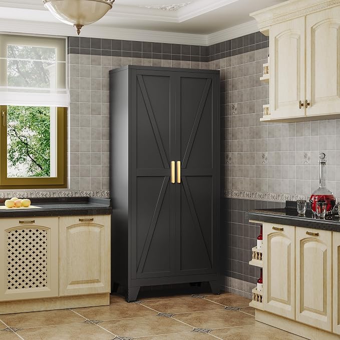 QINPTWUT 71" Metal Storage Cabinet with Doors and Shelves, Tall Pantry Cabinet in Black with 2 Doors & 4 Adjustable Shelves, All-Steel Farmhouse Cupboard for Kitchen, Living Room,Home Office,Garage