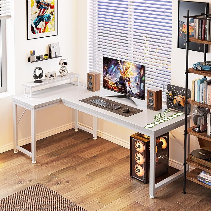 53" L Shaped Computer Desk, Power Outlets, Monitor Stand, White | USB-C Ports, Reversible Charging Station, Spacious Desktop & Legroom, 0.94 Inch Thick Desktop, for Gaming, Study & Work