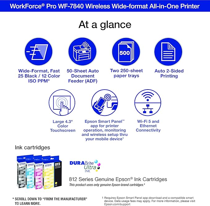 Epson Workforce Pro WF-7840 Wireless All-in-One Wide-Format Printer with Auto 2-Sided Print up to 13" x 19", Copy, Scan and Fax, 50-Page ADF, 500-sheet Paper Capacity, 4.3" Screen,Black