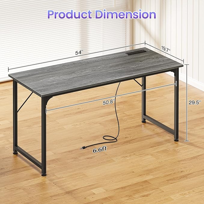 55 X 20 Inch Computer Desk, Power Outlets, USB-C, Grey | Office Desk with 4 AC Outlets, USB & USB-C, Sturdy Metal Frame, Spacious Desktop for Work, Writing, Study & Gaming