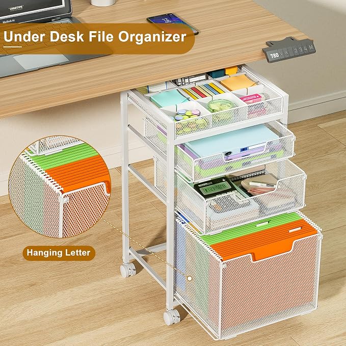 Rolling File Cart with 3 Storage Drawers, Under Desk Organizer with DIY Divider, Moblie Filing Cabinet on Wheels, Fits A4/Letter Size, Metal Utility Cart for Home Office, White