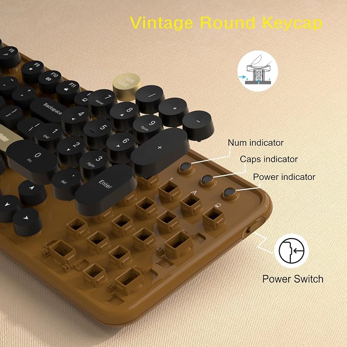 Links9+ Wireless Typewriter Keyboard and Mouse Combo (Coffee-Black) | Full-Size Retro Round Keycaps, Clicky Typing, Ergonomic Design, Smart Auto-Sleep, Perfect for Office, Home and School