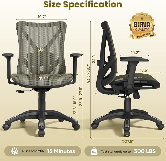 Ergonomic Office Chair, Mesh Computer Desk Chairs with Adjustable Lumbar Support, 3D Armrests, Tilt Function, Comfy Wide Seat, Swivel Executive Work Task Chair for Company and Home