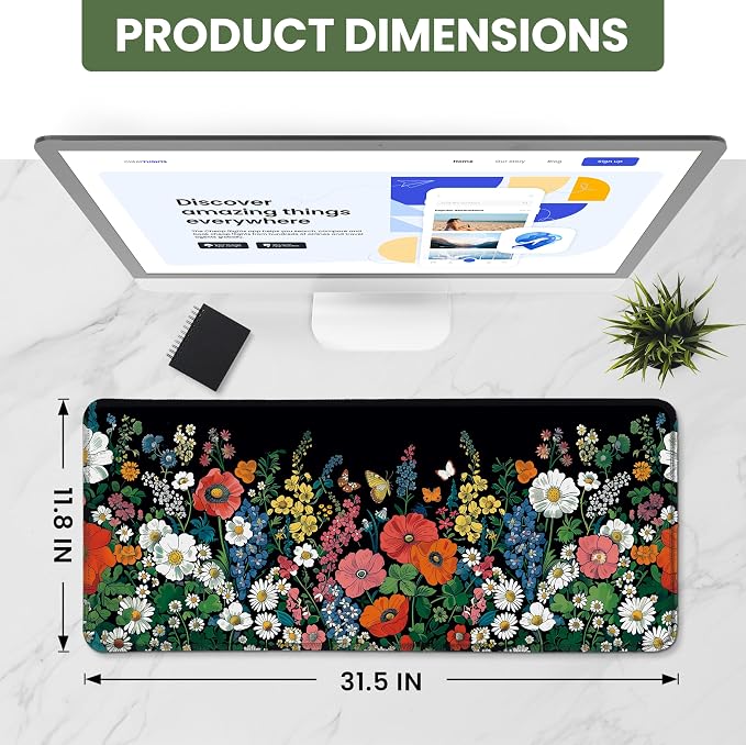 Aesthetic Desk Mat, Cute Botanical Floral Desk Pad Protector for Work & Decor, 31.5" x 11.8", Pretty Non-Slip Extended Mouse Pad for Office or Home