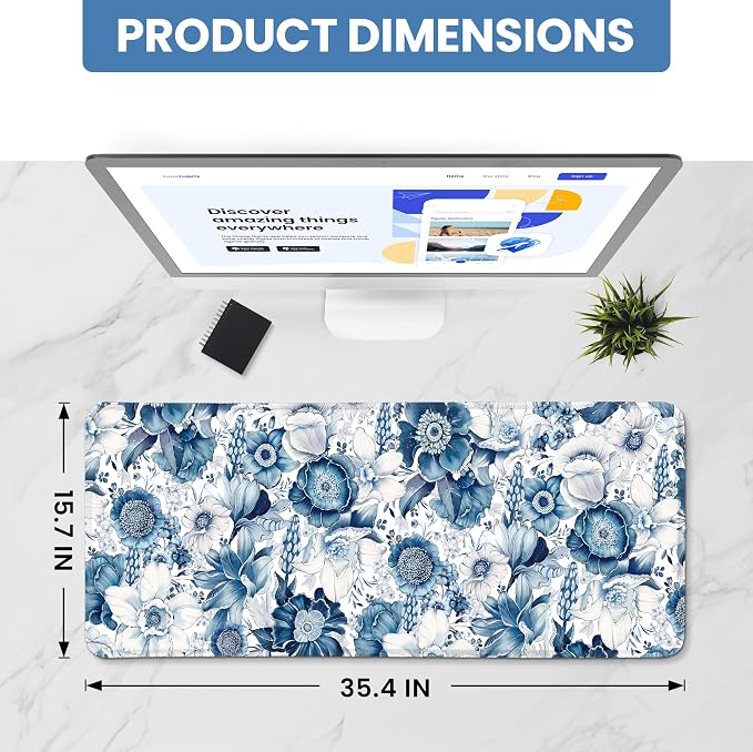 Aesthetic Desk Mat, Cute Blue Floral Desk Pad Protector for Work & Decor, 35.4" x 15.7", Pretty Non-Slip Extended Mouse Pad for Office or Home