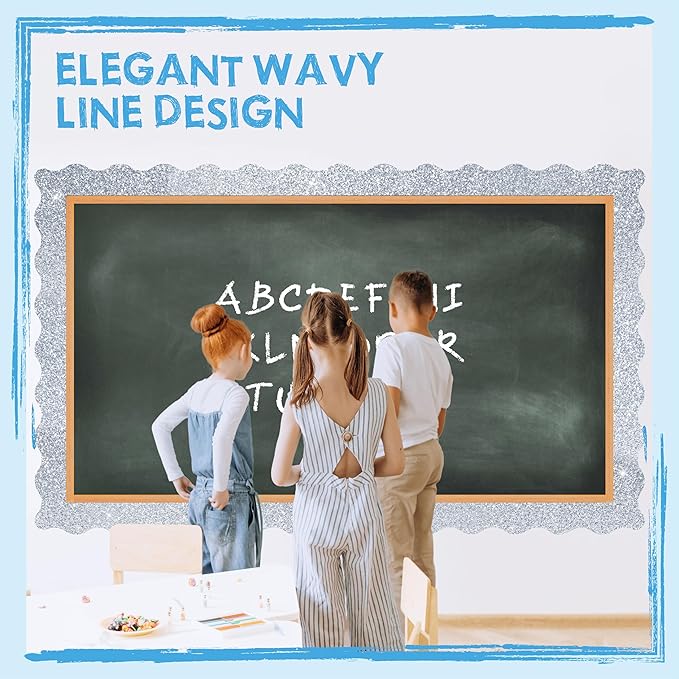 60 Feet Bulletin Board Borders, 45 Sheets Silvery Glittering Scalloped Border Trim, Walls, Desks, Windows, Doors, Chalkboards, Whiteboards Decors for School, Classroom, Home & Offices