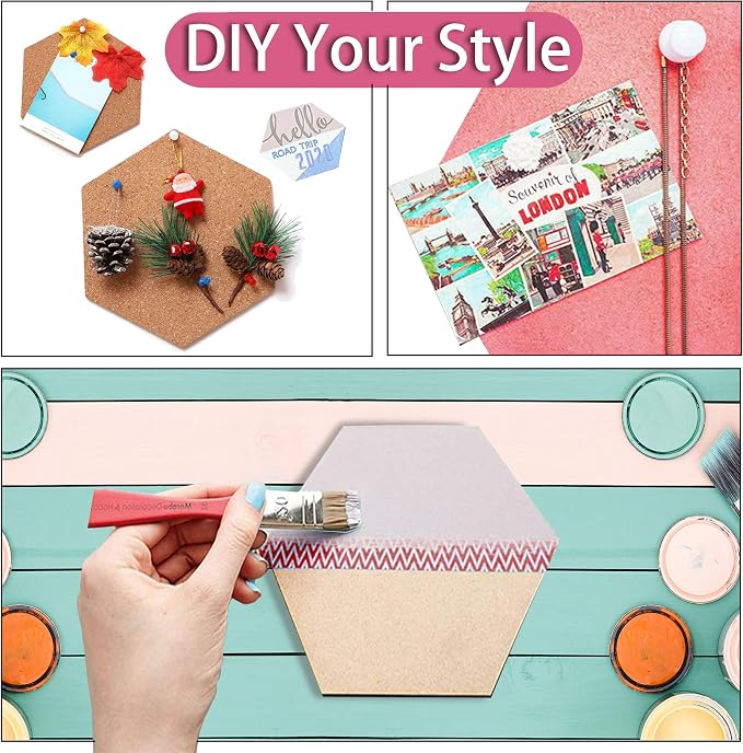 SUNGIFT Hexagon Cork Board Tiles, 6 Pack, 1/2" Thick, 12" x 10.2" | Self-Adhesive Cork Pin Boards with 50 Push Pins for Lightweight Notes, Photos and Dry Indoor Smooth Walls