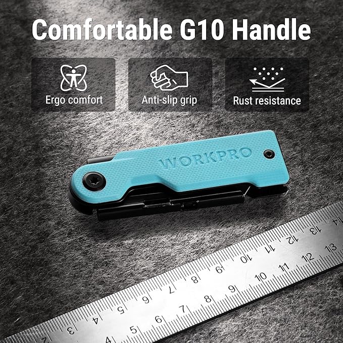 WORKPRO Folding Utility Knife with 10 Extra SK5 Blades, EDC Razor Sharp Knife with G10 Handle, Quick Change Box Cutter with Belt Clip, for Heavy Duty, DIY, Home, Office & Artcraft Use - Blue