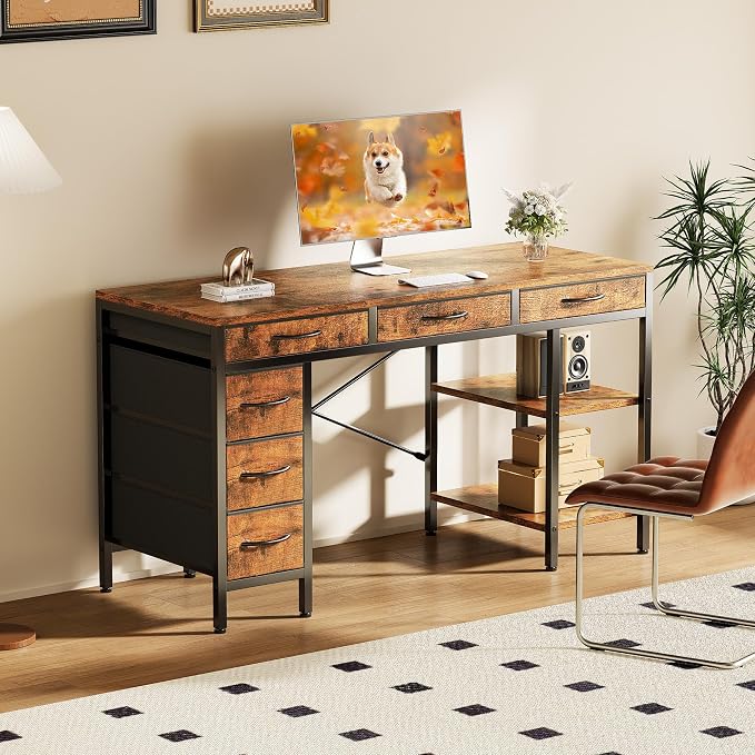 OLIXIS 55 Inch Computer Desk with 6 Fabric Drawers, for Home Office Work | 6 Fabric Drawers & Reversible Gaming Desk, Office Workstation, Corner Desk with Storage, Home Office,Living Room,Dorm, Brown