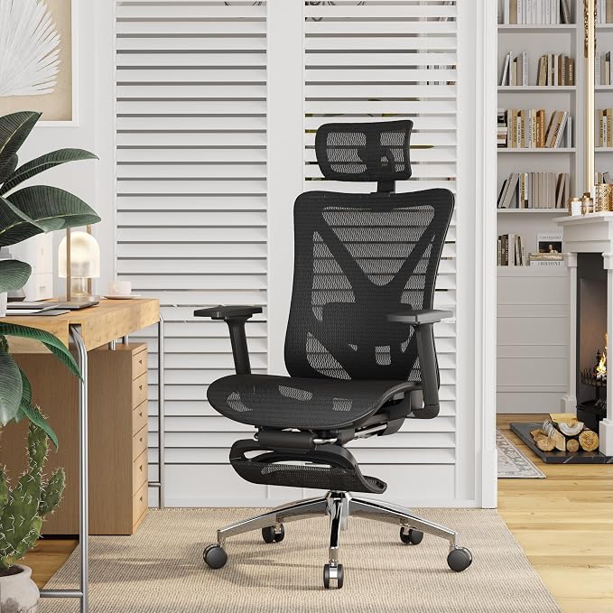 Ergonomic Office Chair with Footrest, 135° Reclining Desk Chair with Adjustable Lumbar Support,3D Armrest,Headrest & Large Steel Base, 300LBS Heavy Duty Mesh Chair