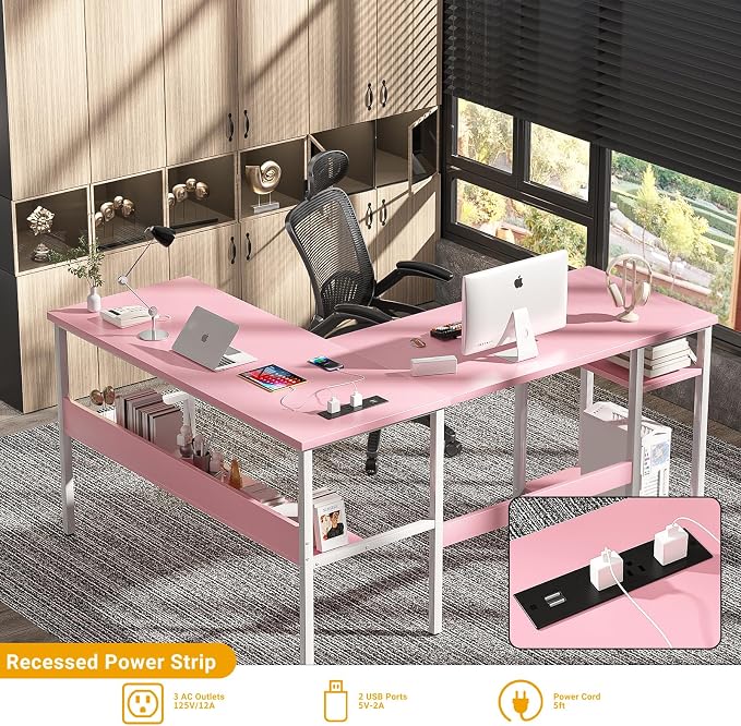 Unikito Reversible L Shaped Desk with Magic Power Outlets and USB Charging Ports, Sturdy Corner Computer Desk with Storage Shelves, Gaming Table Home Office Desk, Easy to Assemble, Pink