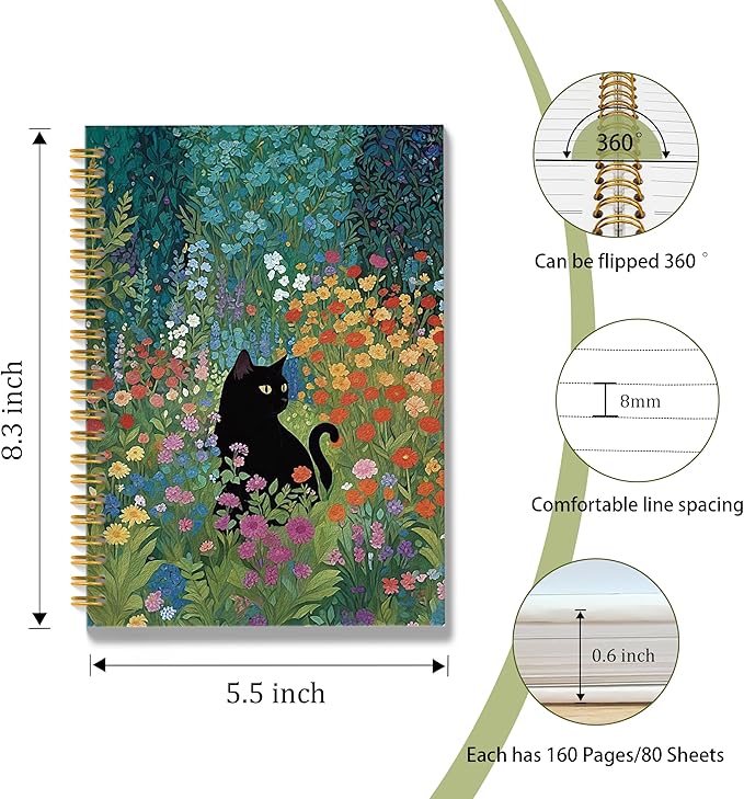 Wildflower Black Cat Spiral Notebook, Black Cat Gifts Journal, Cats Lovers Mom Lady Gifts Journal Notebook, 5.5x8.3 Inch