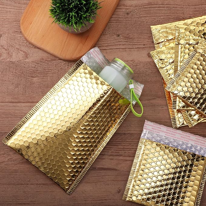 50 Pieces Bubble Mailers 3 Sizes Self Seal Adhesive Poly Mailers Metallic Foil Glitter Padded Shipping Bubble Envelopes for Valentine Mailing Packing Small Business(Gold)