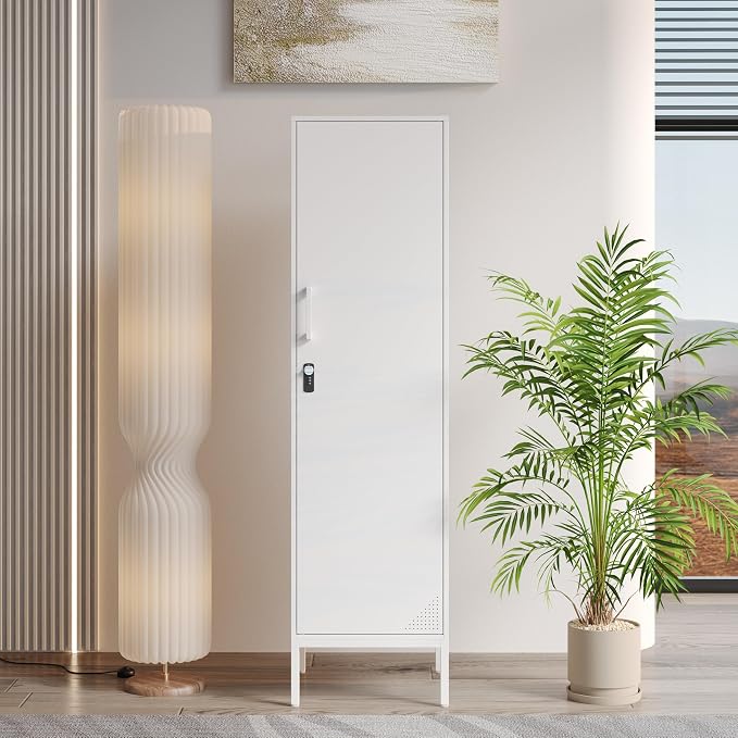 White Metal Locker Cabinet, 59.1" Lockable Storage Locker for Employees with Adjustable Shelves, Locking File Cabinet Door for Office, School, Gym, Garage
