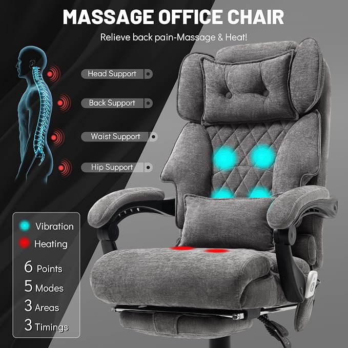 Massage Office Chair with Foot Rest,6 Points Vibration & Heat Executive Office Chairs for Heavy People,500LBS Big and Tall Office Chair,Ergonomic Reclining Desk Chair,Dual-Use Pillow,Grey