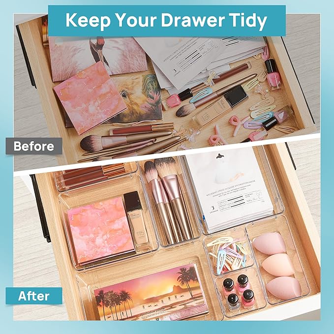 Vtopmart 15 PCS Clear Plastic Drawer Organizers Set, Vanity Organizer Trays | 4-Size Versatile Makeup Organizer, Non-Slip Storage Containers for Makeup, Jewelries, Bedroom，Kitchen Utensils and Office