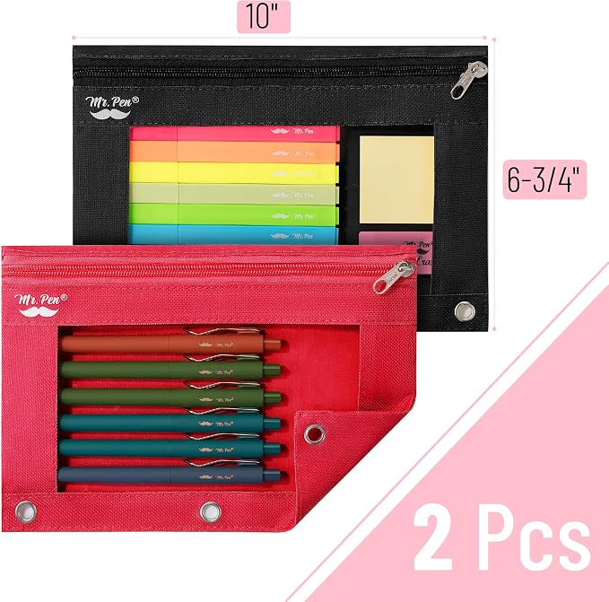 Mr. Pen- Pencil Pouch for 3 Ring Binder, 2 Pack, 10"x6.75", Smooth Zipper | Clear Window, Large Capacity Pencil Case with 3 Reinforced Grommets for School, Office, Supplies Storage
