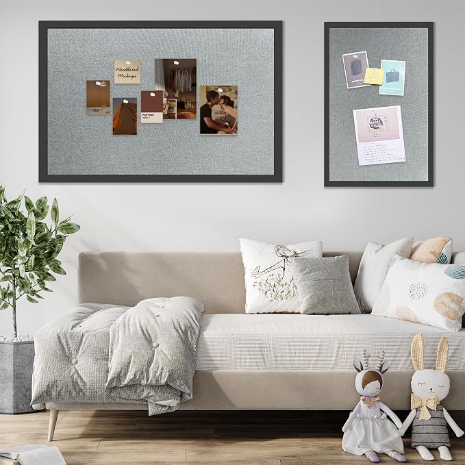 20"x30" Black Framed Grey Linen Bulletin Board, Pin Board | Linen corkboard texture. Premium cork boards for walls and pin board office organizer.