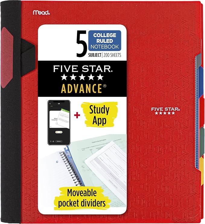 Five Star Advance Spiral Notebook + Study App, 5 Subject, College Ruled Paper, 8-1/2" x 11", 200 Sheets, Spiral Guard, Movable Tabbed Dividers, Fire Red (73146) (Pack of 6)