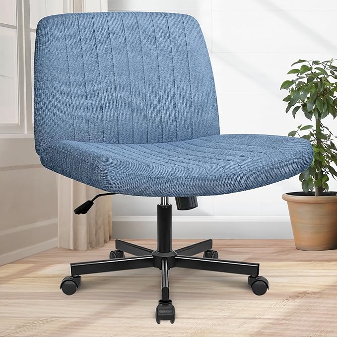 Orange Factory Criss Cross Chair Wheels Wide Cross Legged Office Desk Vanity Chair Comfy Fabric Armless Adjustable Swivel for Home Computer Task (Blue Wheel, Fabric)