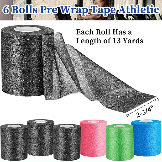 Pre Wrap for Hair Soccer- 6 Rolls 78yd (234'), Multi Color Athletic Prewrap Tape Headbands, Foam Sport Underwrap Pre-Wrap - Black, Pink, Blue, Green