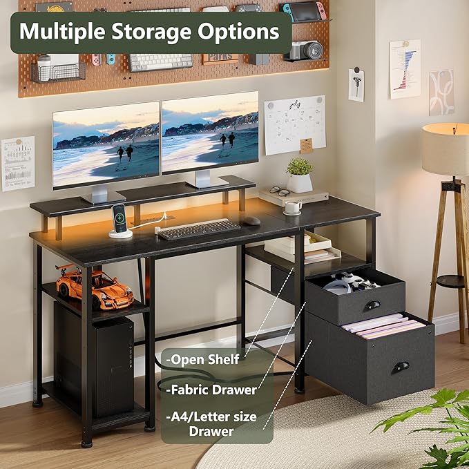 Furologee 51" Gaming Desk with Power Outlets & LED Lights, Reversible Computer Desk with File Cabinet & Monitor Stand for Home Office, Large Work Table with Storage Shelves & Drawer, Black