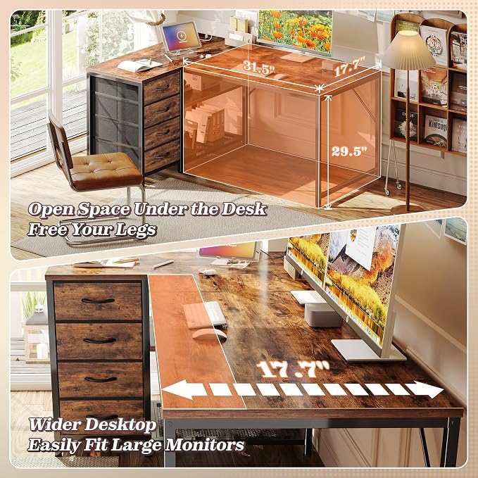 43.3" Small L Shaped Desk with Power Outlets & 4 Drawers | Reversible Computer Desk with 2 Storage Shelves, Corner Office Desk for Gaming Writing Work Study, Rustic Brown