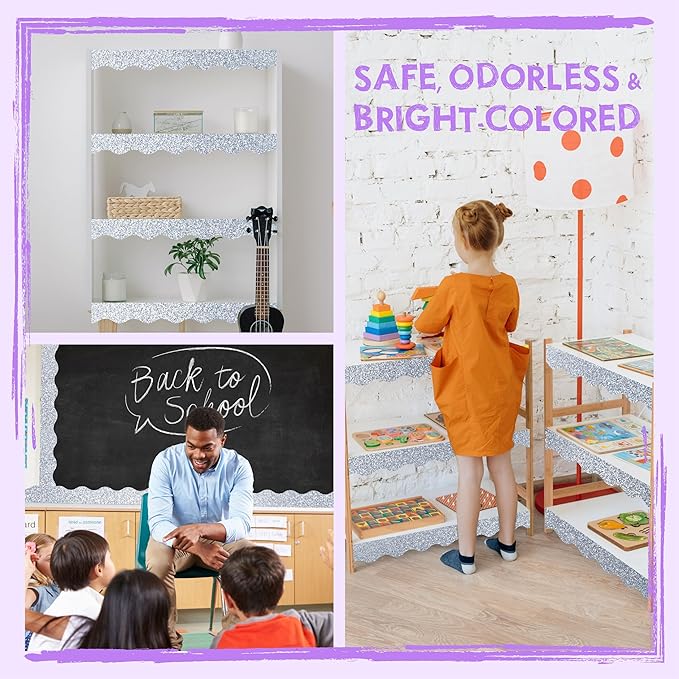 60 Feet Bulletin Board Borders, 45 Sheets Silvery Glittering Scalloped Border Trim, Walls, Desks, Windows, Doors, Chalkboards, Whiteboards Decors for School, Classroom, Home & Offices