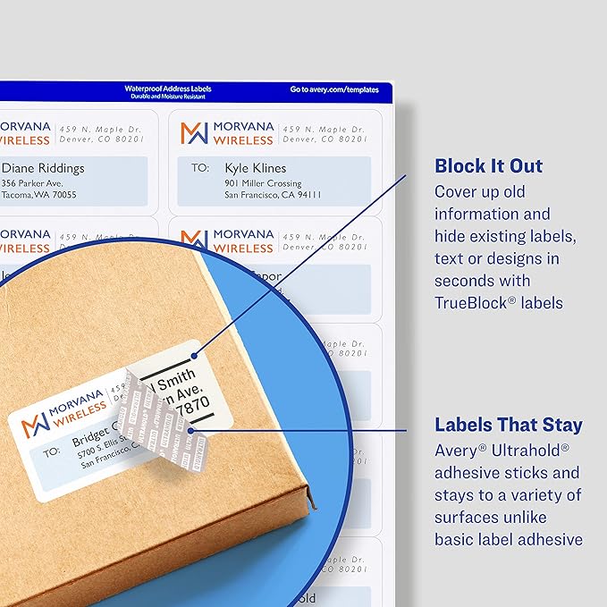 Avery Waterproof Labels with Ultrahold Permanent Adhesive, 3-1/3" x 4", Laser, 2-Pack, 600 Labels Total (25524)