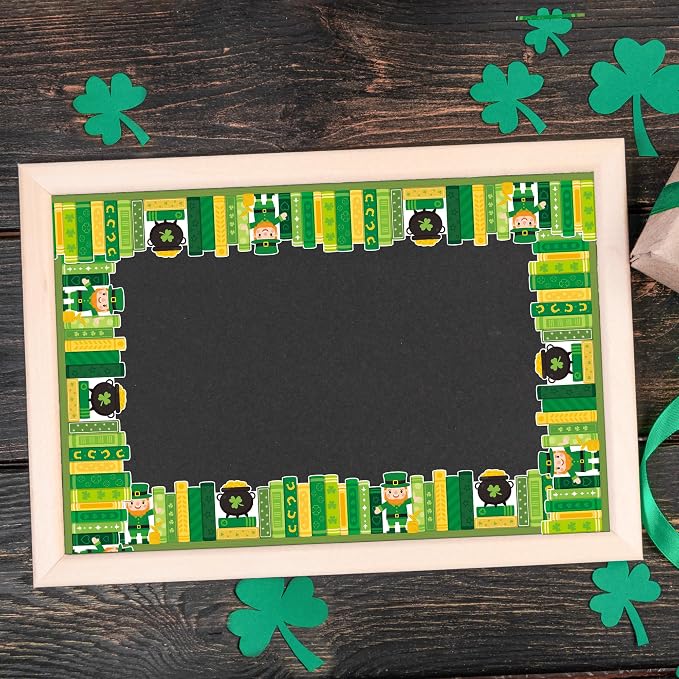 BeYumi Shamrock Bookshelf Border Trim - 65ft St Patrick's Day Green Books Rolled Border Trim Green Shamrock Bookshelf Bulletin Board Set Library Classroom Office Chalkboard Home Wall Party Decoration