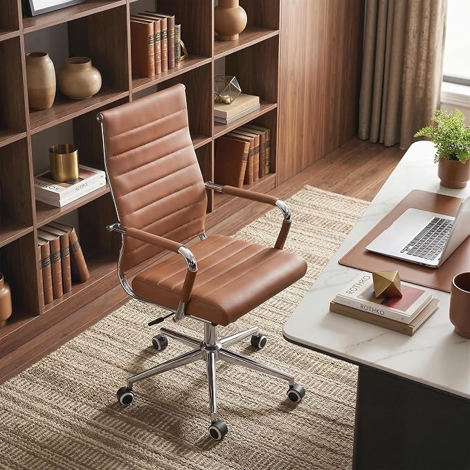 Okeysen Office Desk Chair, Ergonomic Leather Modern Conference Room Chairs, Executive Ribbed Height Adjustable Swivel Rolling Chair for Home Office Set of 4. (Brown)