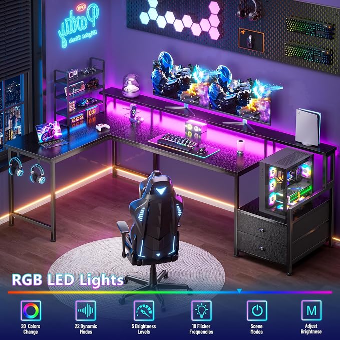 Korfile 66'' L Shaped Gaming Desk with Storage Drawers, Power Outlets, LED | Large Reversible Computer Desk for Multiple Monitors, Black Corner with CPU Stand for Gaming, Work, Home Office, Bedroom