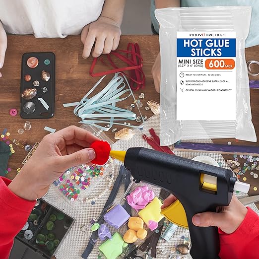 Innovative Haus Mini Hot Glue Sticks (600 Pack) - Fits Mini Glue Guns, 4" x 0.27" - Craft, Bond, Create on Wood, Metal, Glass and More - Transparent, Strong and Quick-Drying