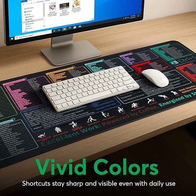 Excel Cheat Sheet Desk Pad – XL Excel Mouse Pad with Shortcut Keys & Formulas | 31.5"x11.8" Waterproof Non-Slip Desk Mat, HD Print, Stitched Edges for Work & Gaming