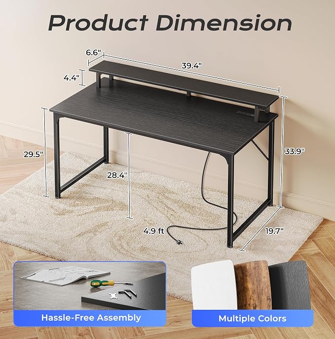 40 inch Gaming Desk, LED & Power Outlets, Monitor Stand, Black | Sturdy PC Desk for Home Office, Study & Work, LED Lights, 4 AC Outlets & USB-C Charging Station